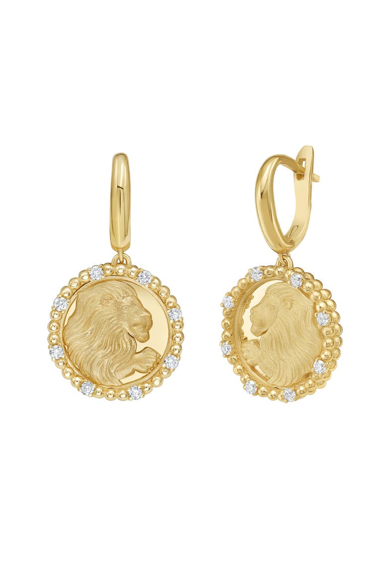 14K Gold Leo Diamond Bead Zodiac Dangle Earrings, Main, color, Yellow Gold