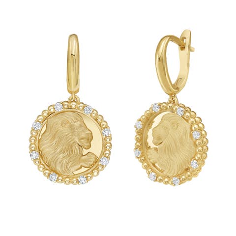 14K Gold Leo Diamond Bead Zodiac Dangle Earrings