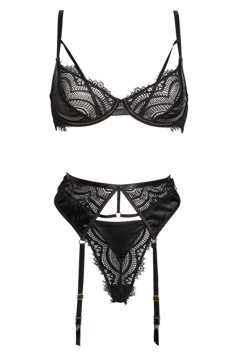 Anastasie Underwire Bra, Thong & Garter Belt Set, Alternate, color, BLACK