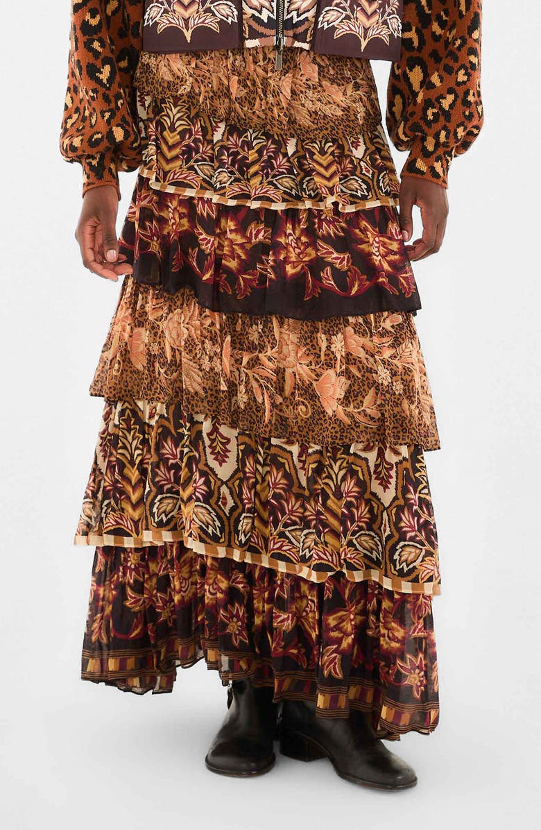 FARM Rio Mixed Scarf Print Tiered Ruffle Maxi Skirt, Main, color, Mixed Scarves