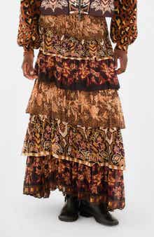 FARM Rio Mixed Scarf Print Tiered Ruffle Maxi Skirt