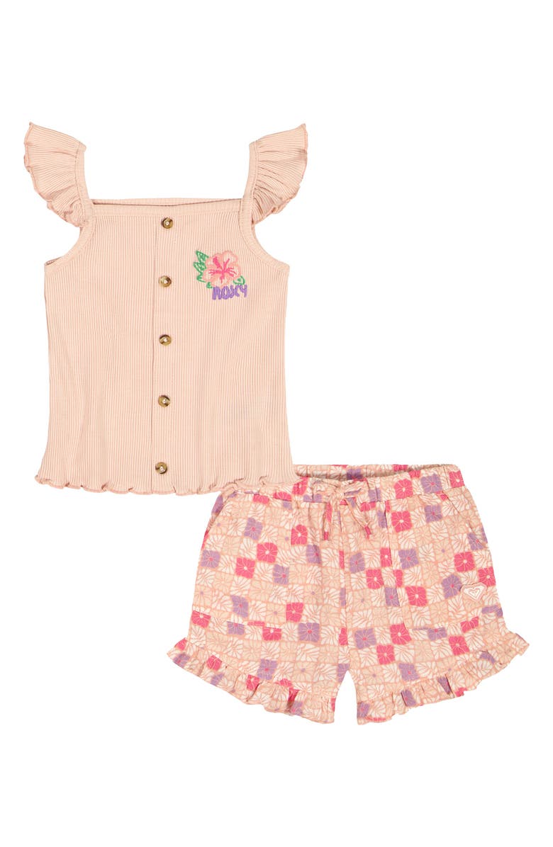 Roxy Kids' Floral Embroidered Rib Top & Shorts Set, Main, color, 