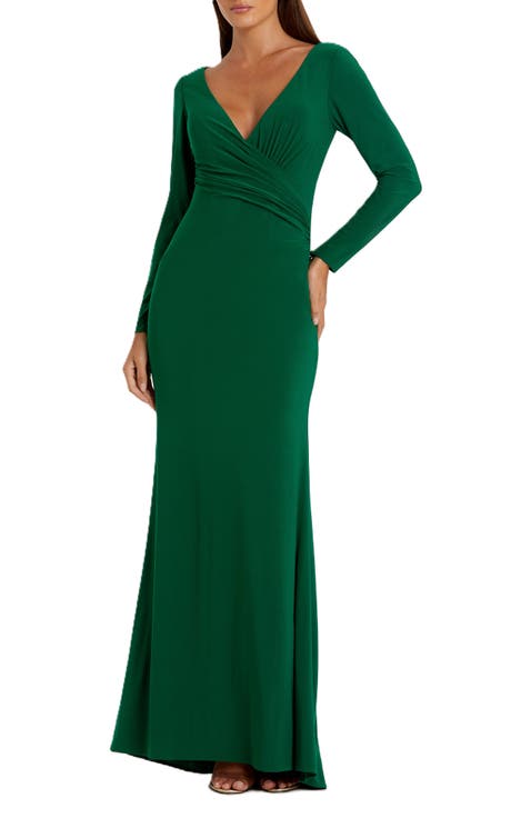 Long Sleeve Ruched Jersey V-Neck Gown