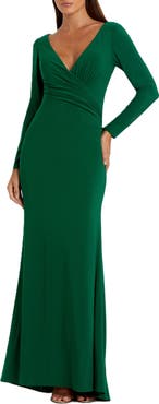 Mac Duggal Long Sleeve Ruched Jersey V-Neck Gown