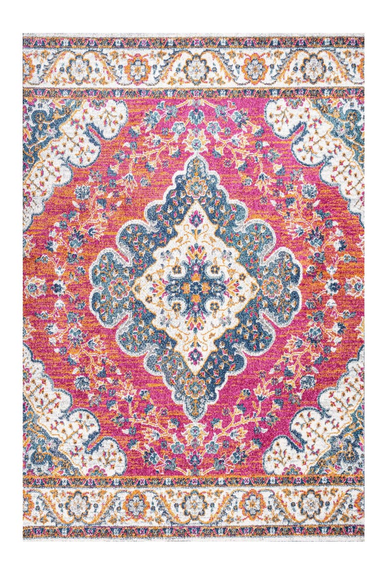 Bohemian FLAIR Boho Vintage Medallion Area Rug, Alternate, color, Fuchsia/White