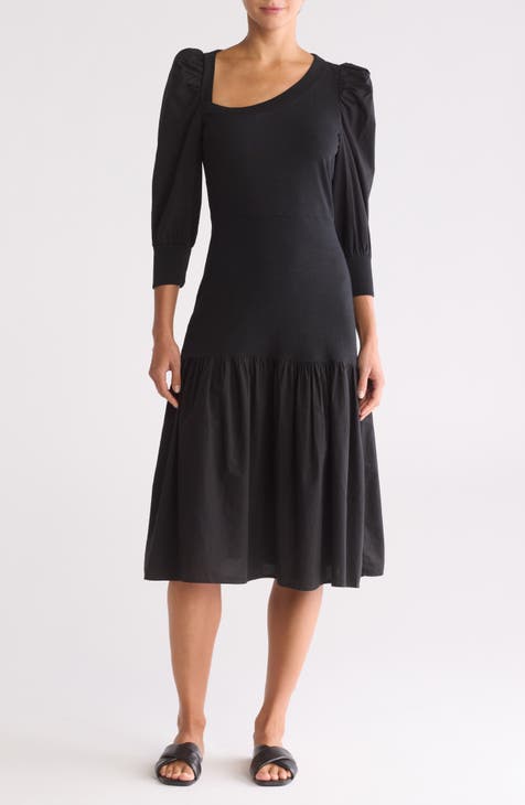 Catalina Puff Sleeve Flounce Hem Midi Dress