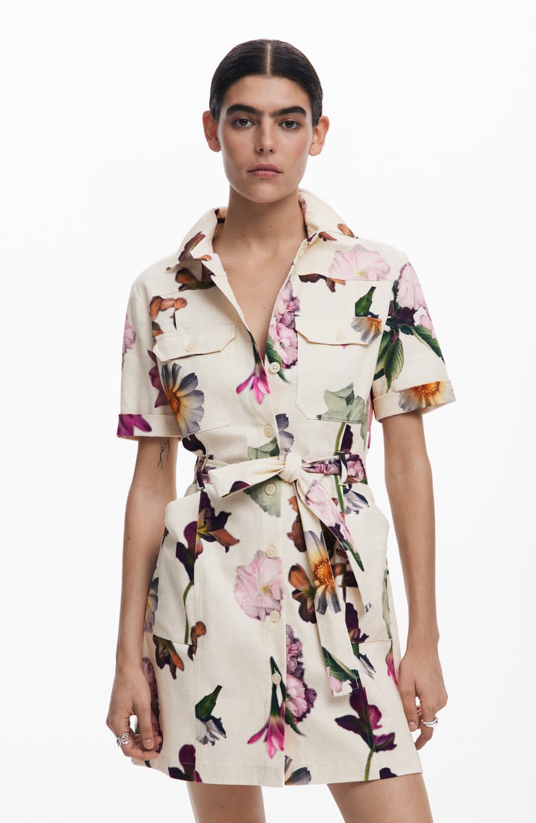 Desigual Floral Belted Mini Shirtdress, Alternate, color, Light Beige
