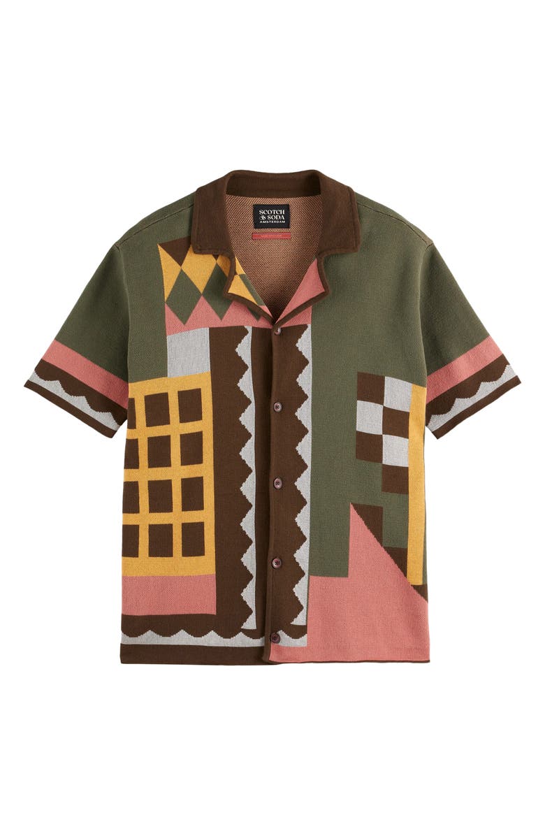 Scotch & Soda Oversize Geo Jacquard Knit Cotton Blend Camp Shirt, Alternate, color, Patchwork Jacquard