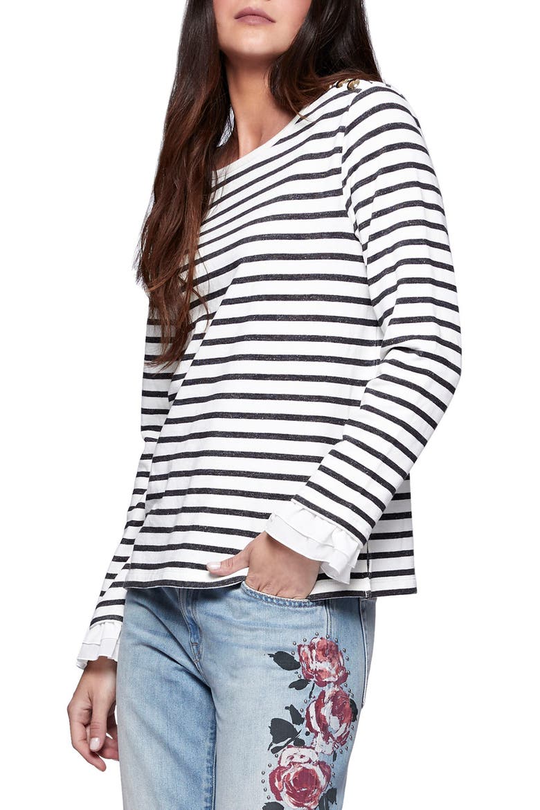 Ruffle Cuff Stripe Knit Top, Alternate, color, BLACK/ MILK