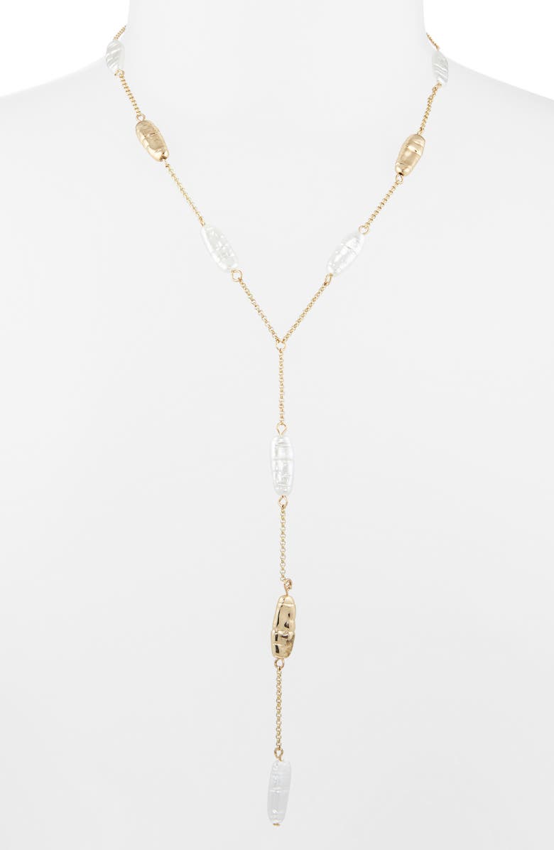 NORDSTROM RACK Stick Faux Pearl Station Lariat Necklace, Alternate, color, White- Gold