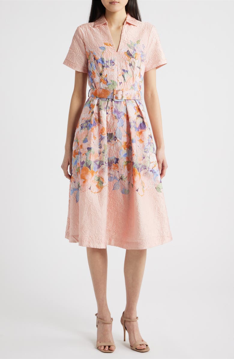 Tahari ASL Print Crinkle Belted Fit & Flare Dress, Main, color, Apricot Floral