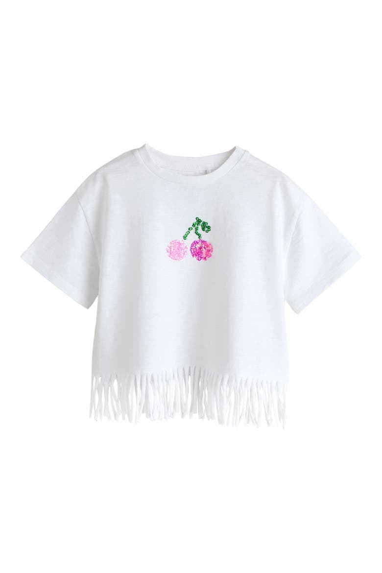 Kids' Sequin Cherry Fringe Trim Cotton T-Shirt, Main, color, NEUTRAL