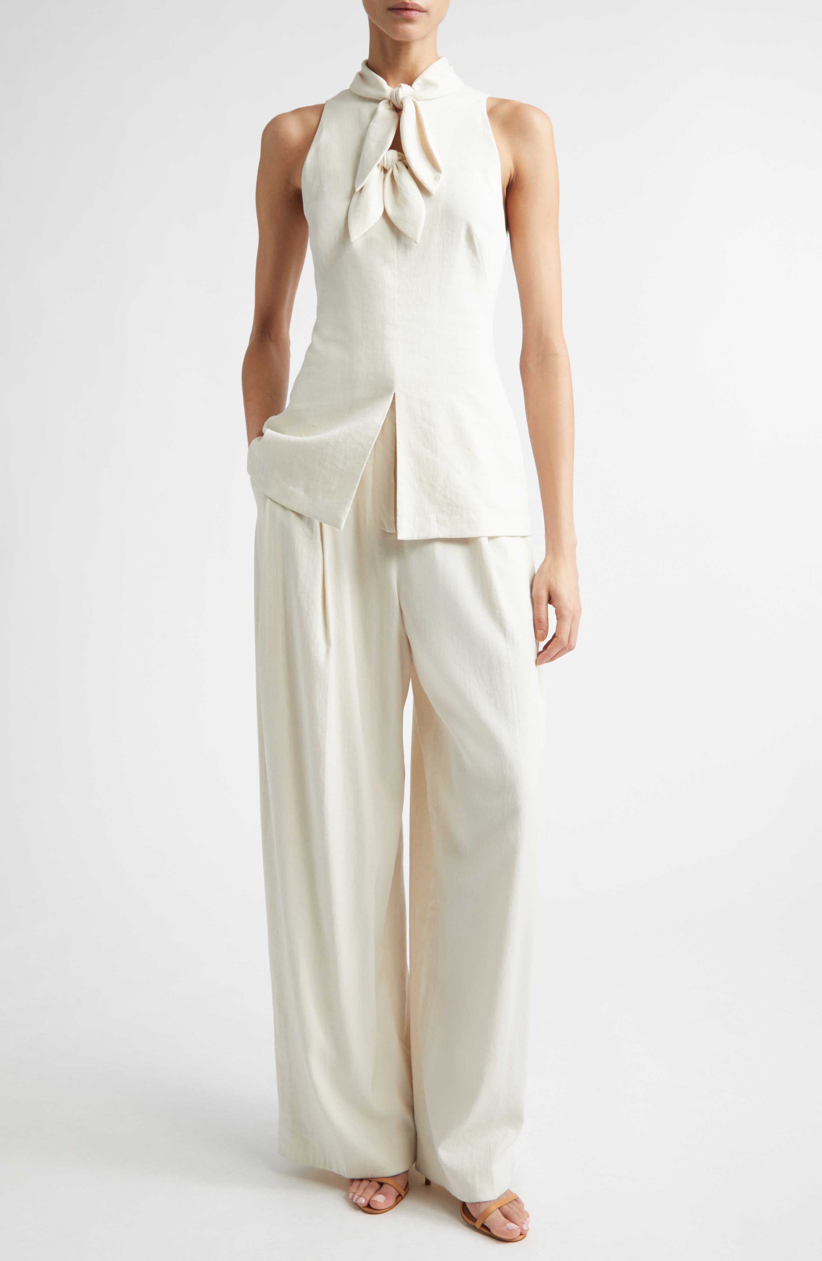 Bow Embellished Linen Blend Sleeveless Top - image 2