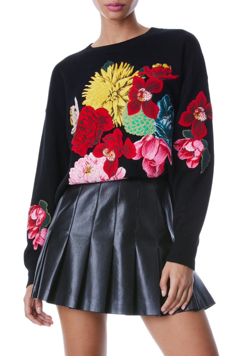 Alice + Olivia Belva Floral Jacquard Stretch Wool Crewneck Sweater, Main, color,
