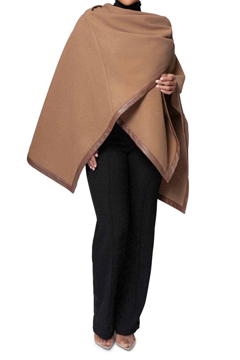 Felt Shawl with Faux Leather Trim, Alternate, color, BROWN