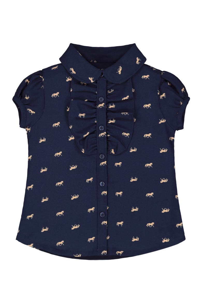 Baby Girls' Ruffle Front Shirt with Puff Sleeves, Infant, Alternate, color, Navy with Tan Horse Print