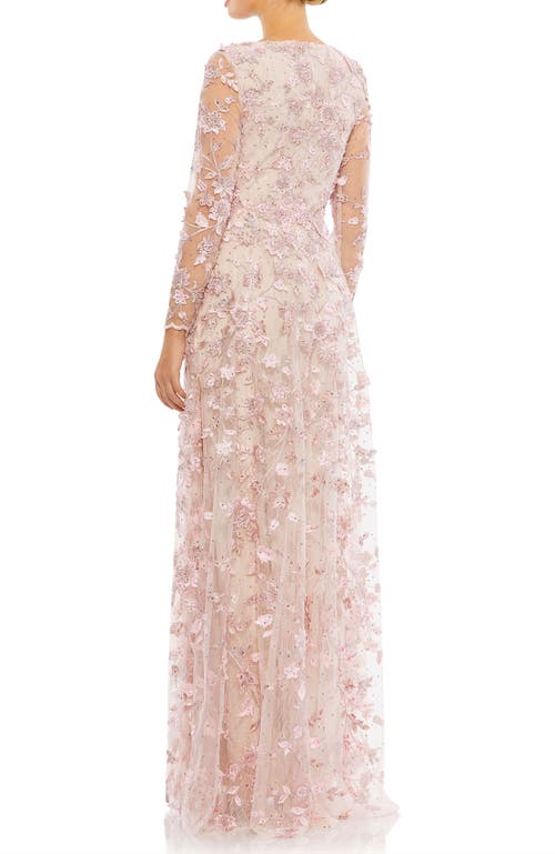 Mac Duggal Floral Applique Long Sleeve Illusion Gown In Rose Pink