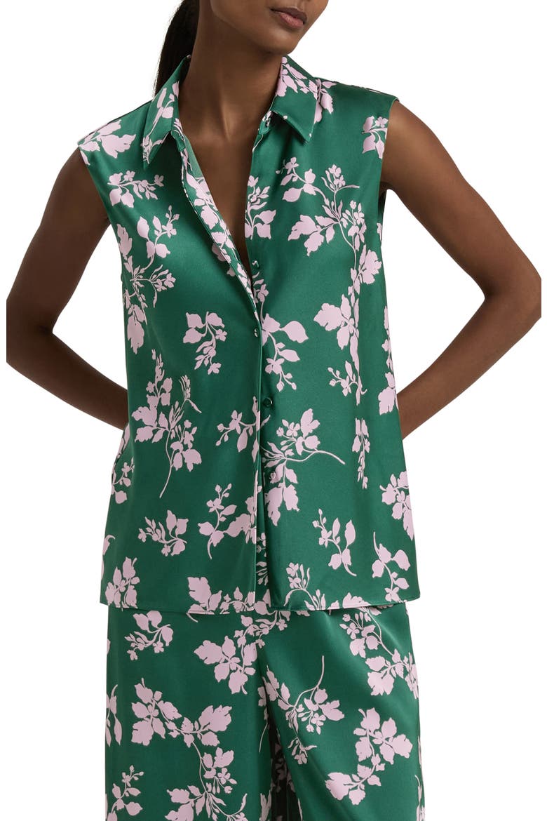 Agatha Sleeveless Crepe Satin Button-Up Shirt, Main, color, EMERALD FLORAL