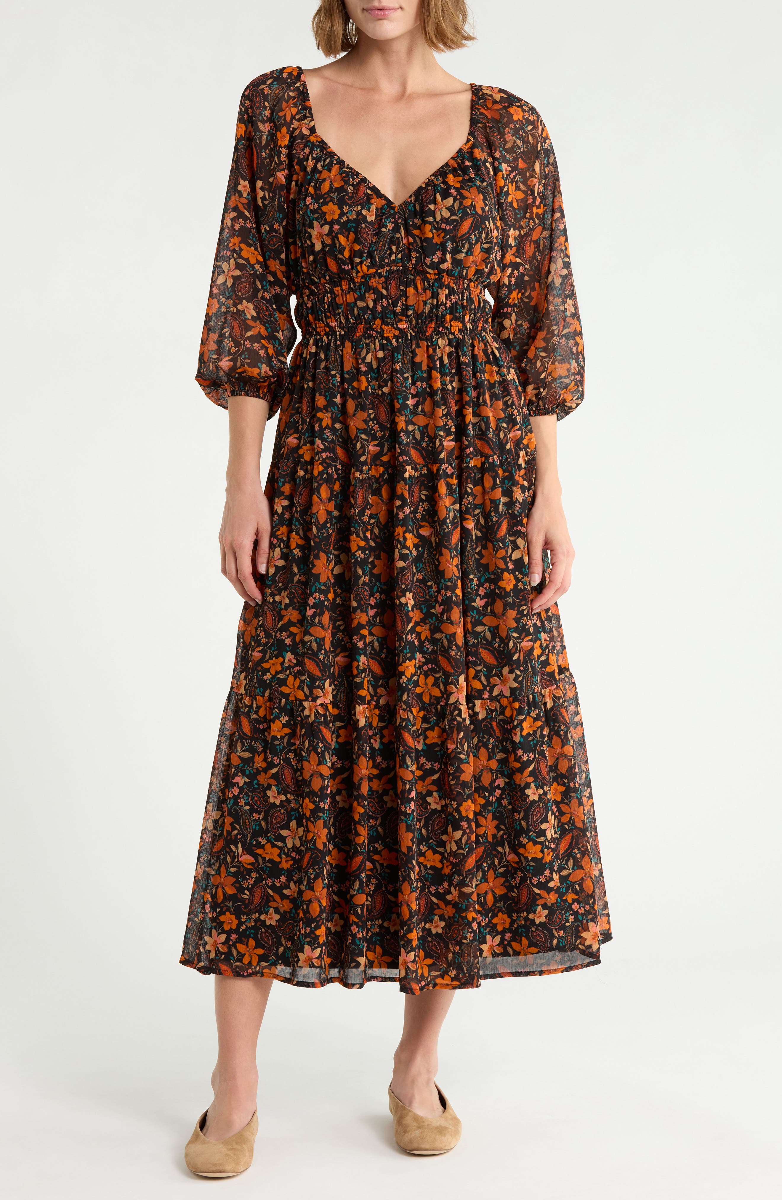 Romantic Floral Puff Sleeve Midi Dress