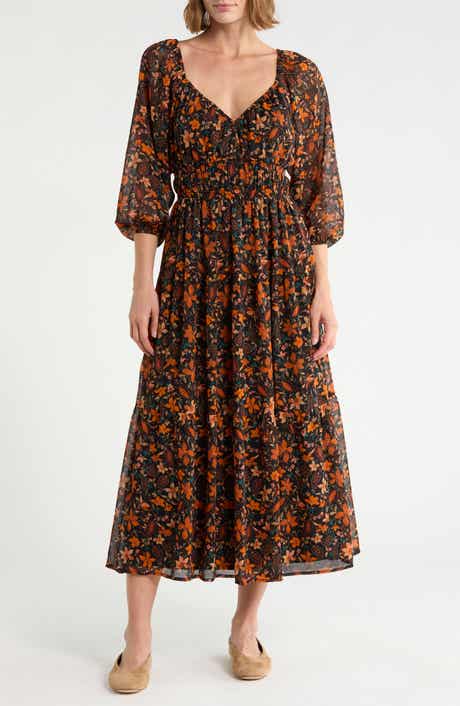 Romantic Floral Puff Sleeve Midi Dress