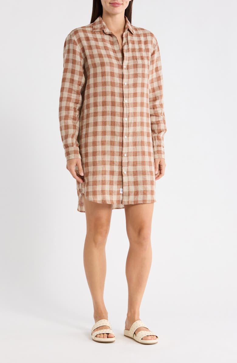 Frank & Eileen Mary Classic Long Sleeve Linen Shirtdress, Main, color, Brown White Check