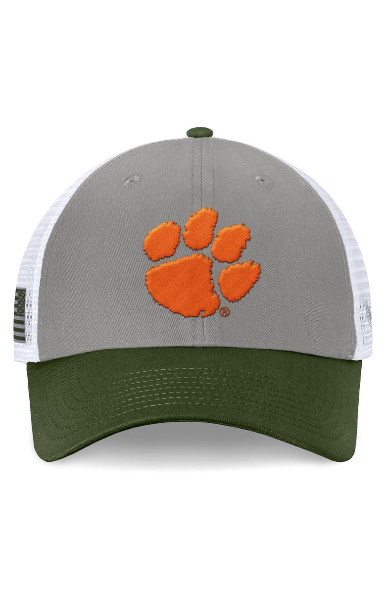 TOP OF THE WORLD Men's Top of the World Gray/Green Clemson Tigers OHT Military Appreciation Badge Trucker Adjustable Hat, Alternate, color, Gray