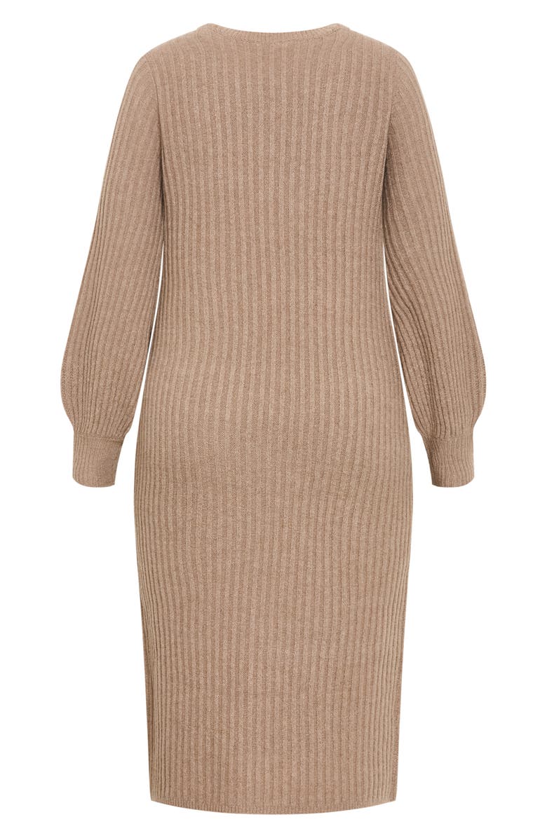 City Chic Sarah Long Sleeve Rib Sweater Midi Dress, Alternate, color, Mushroom Melange