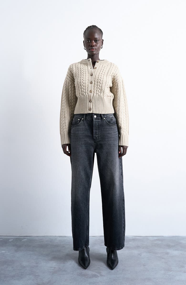 Topshop Cable Stitch Fitted Waist Cardigan, Main, color, Oat