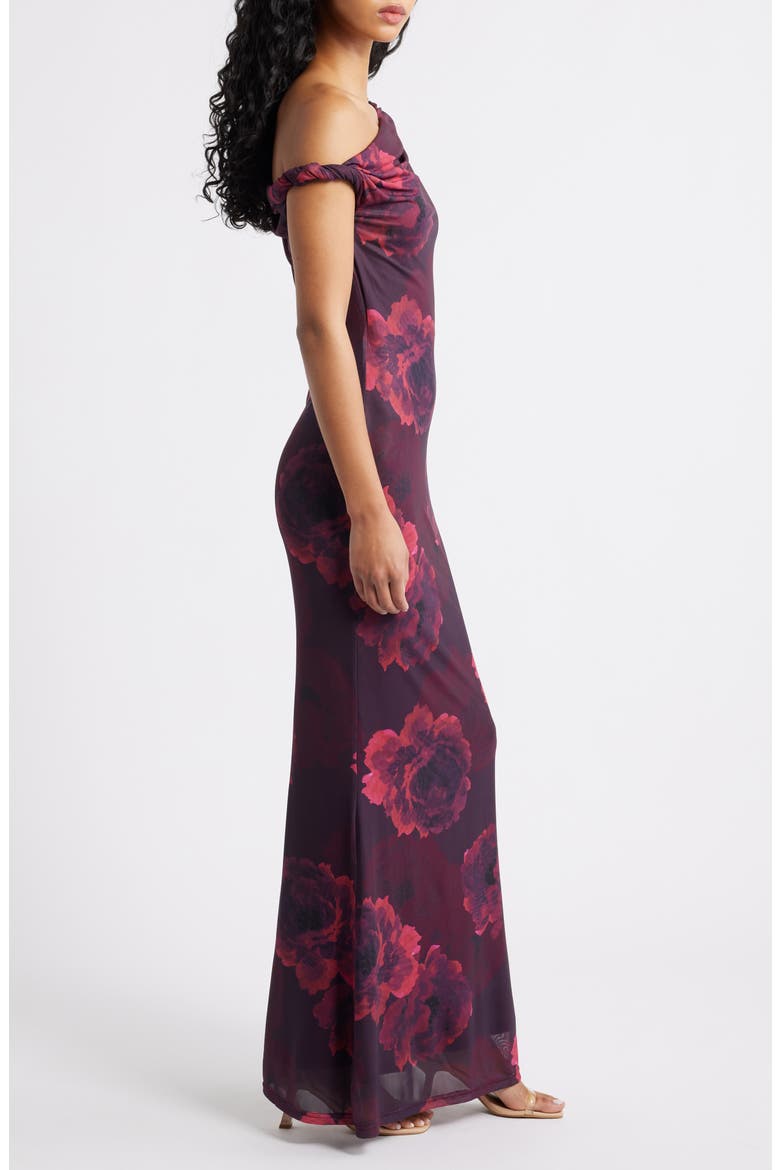 Mischa Twist Strap Mermaid Gown, Alternate, color, BURGUNDY FLORAL