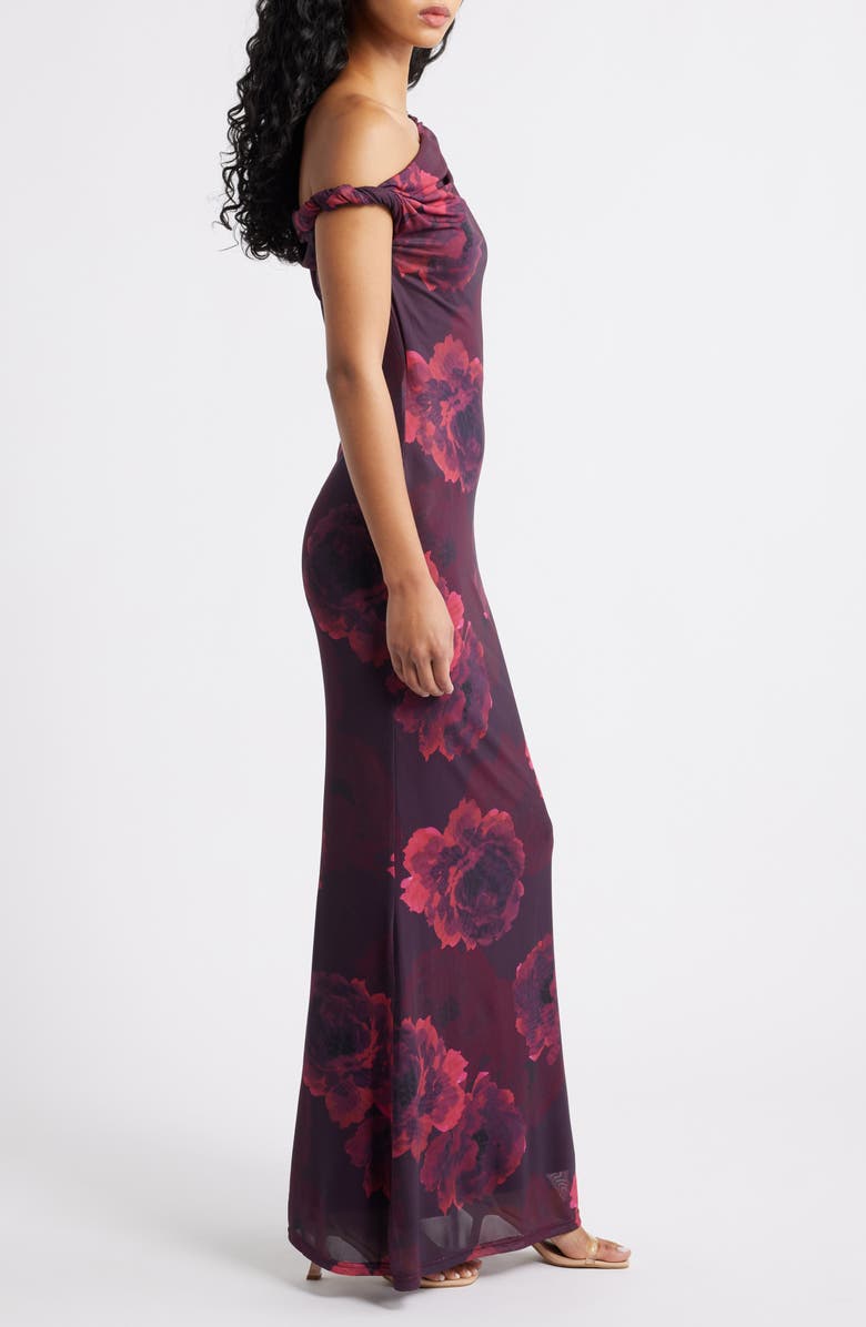 Lulus Mischa Twist Strap Mermaid Gown, Alternate, color, Burgundy Floral