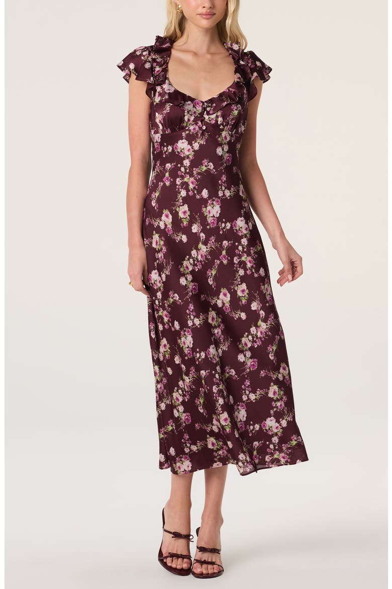 Nico Floral Ruffle Cap Sleeve Midi Dress, Alternate, color, BURGUNDY FLORAL