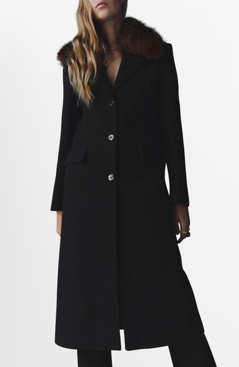 Lips Wool Blend Coat with Faux Fur Collar