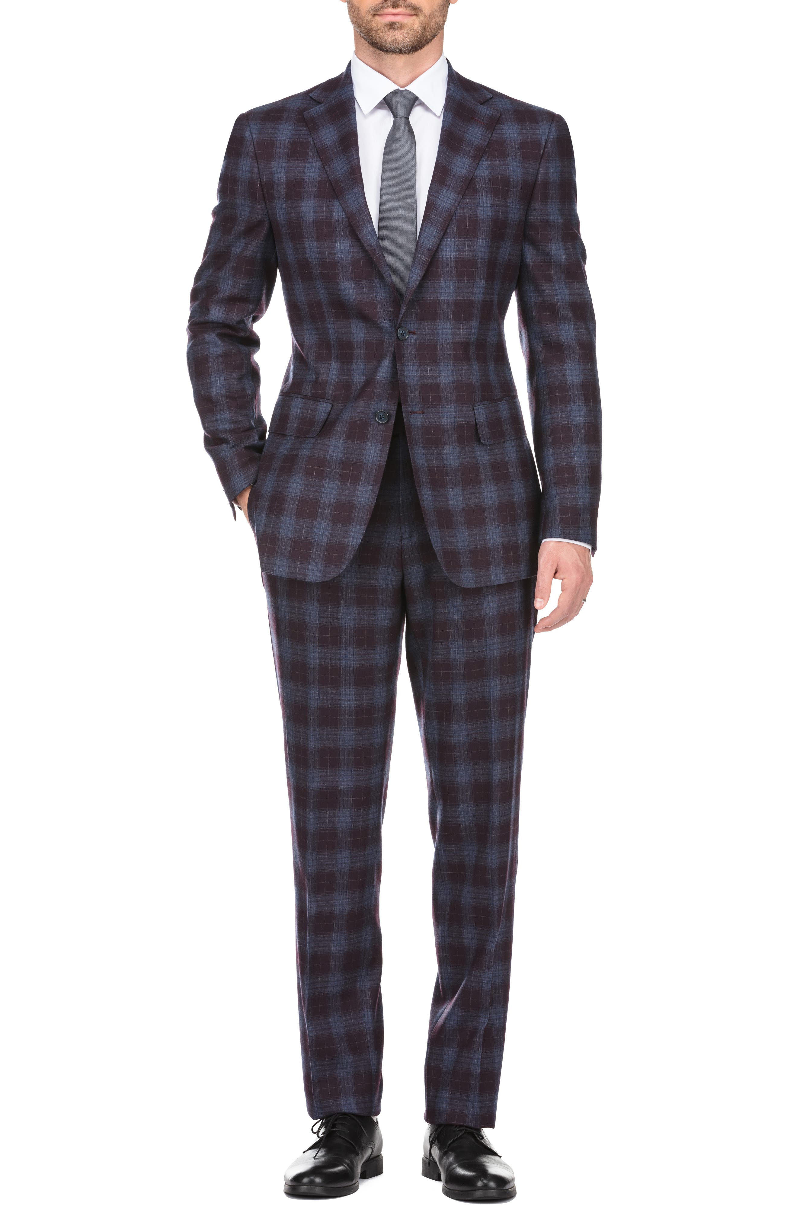 English Laundry Plaid Two Button Notch Lapel Wool Blend Trim Fit Suit