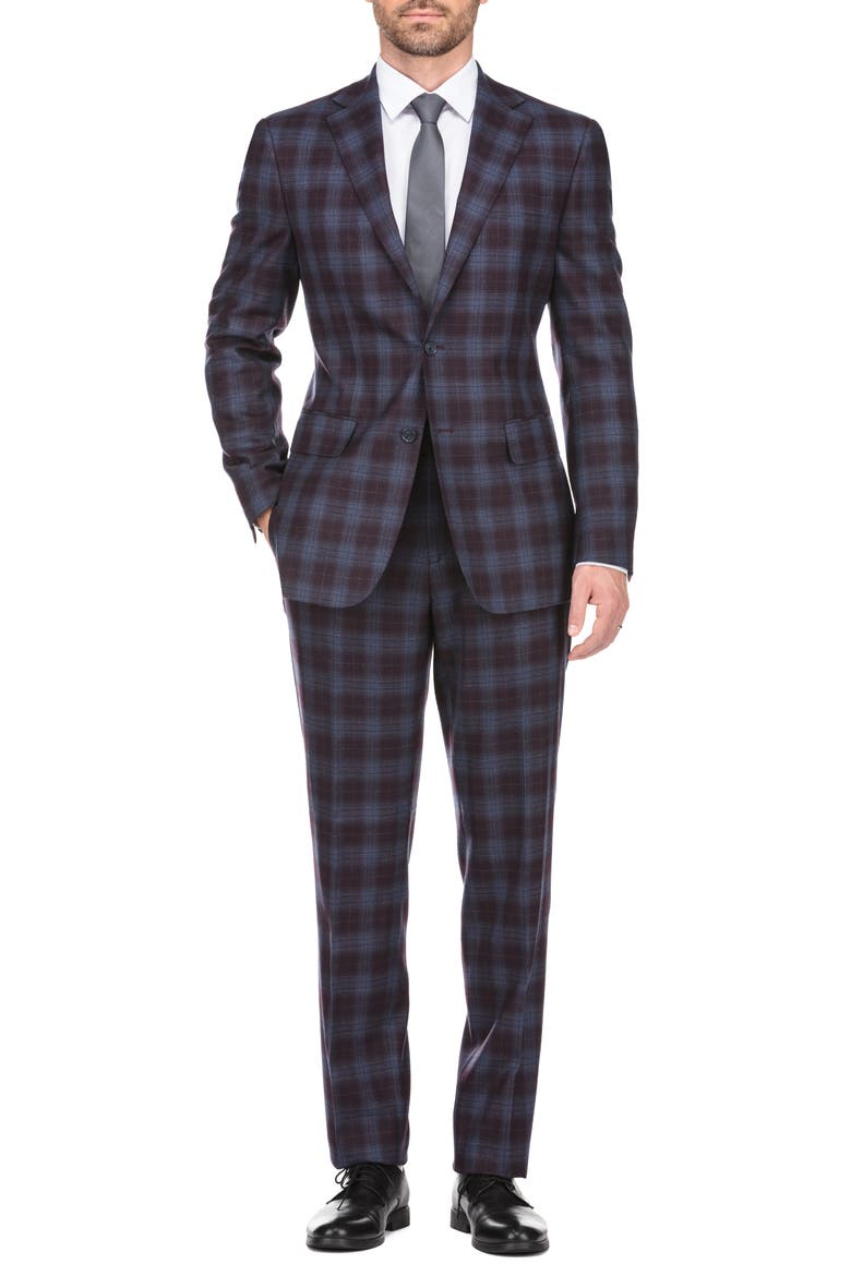 Plaid Two Button Notch Lapel Wool Blend Trim Fit Suit, Main, color, BURGUNDY