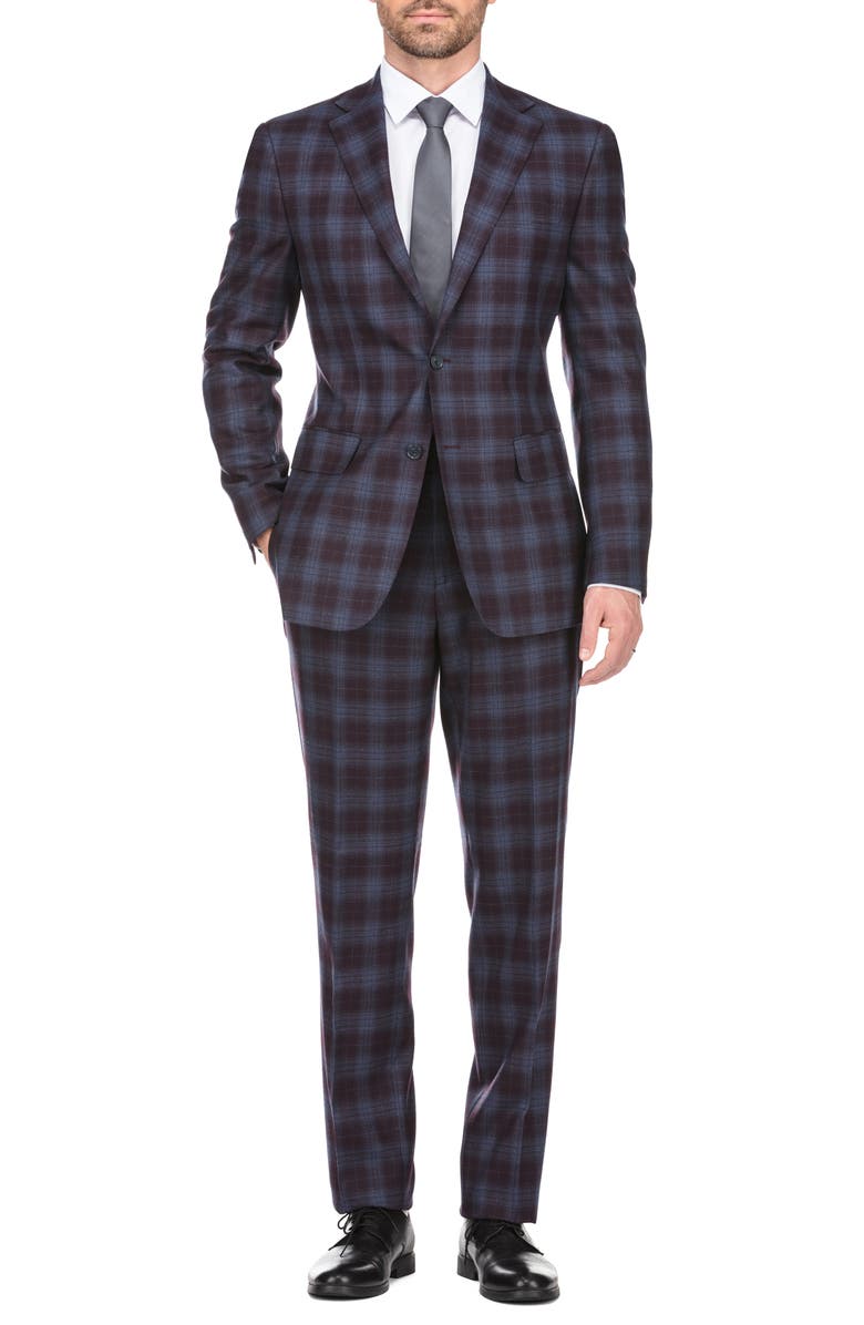 English Laundry Plaid Two Button Notch Lapel Wool Blend Trim Fit Suit, Main, color, Burgundy