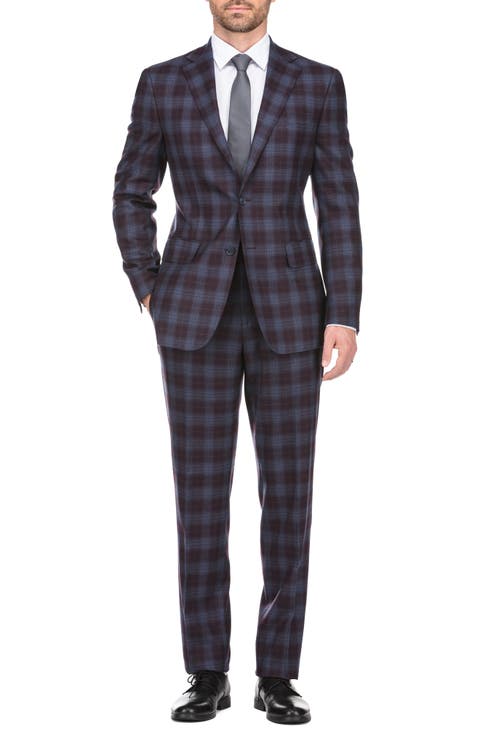 Plaid Two Button Notch Lapel Wool Blend Trim Fit Suit