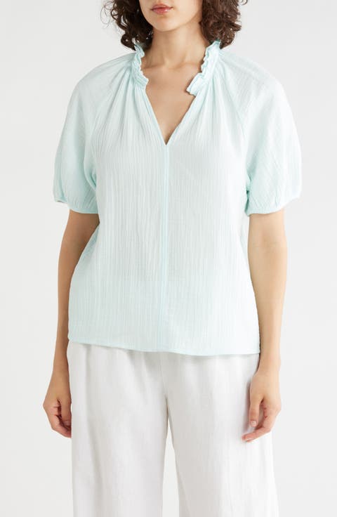 Split Neck Puff Sleeve Cotton Gauze Top