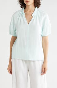 Caslon® Split Neck Puff Sleeve Cotton Gauze Top