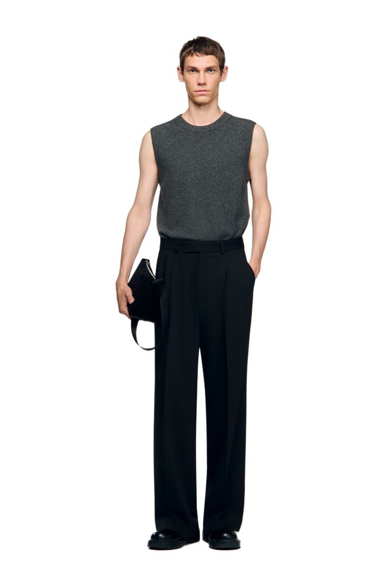 SANDRO Pleated wide-leg wool trousers, Alternate, color, Black