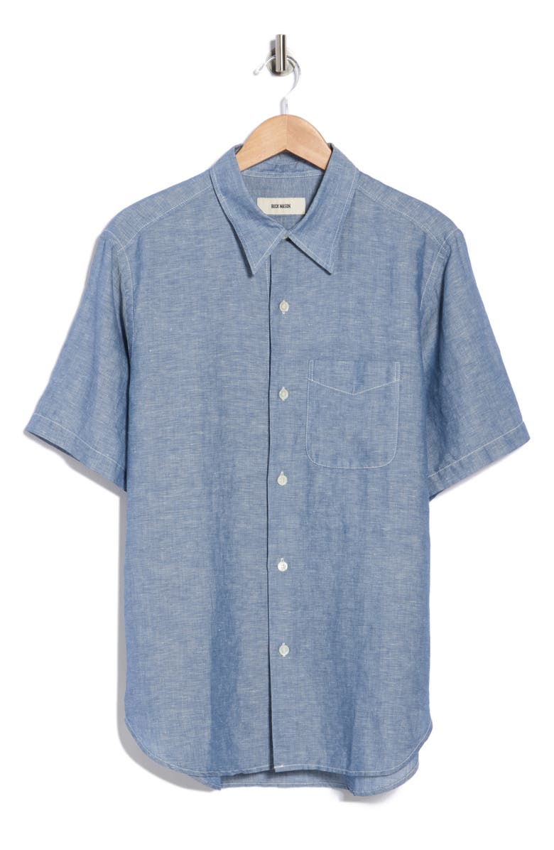 BUCK MASON Breeze Short Sleeve Linen & Cotton Button-Up Shirt, Main, color, Chambray