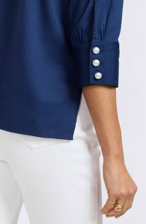 Foxcroft Pearl Three-quarter Sleeve Button-up Shirt In Navy