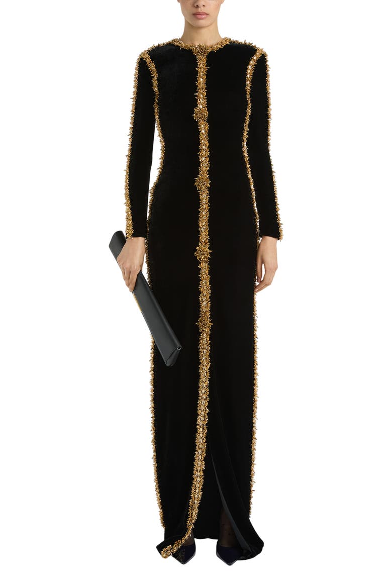 Long Velvet Dress with Embroidered Trim, Alternate, color, black