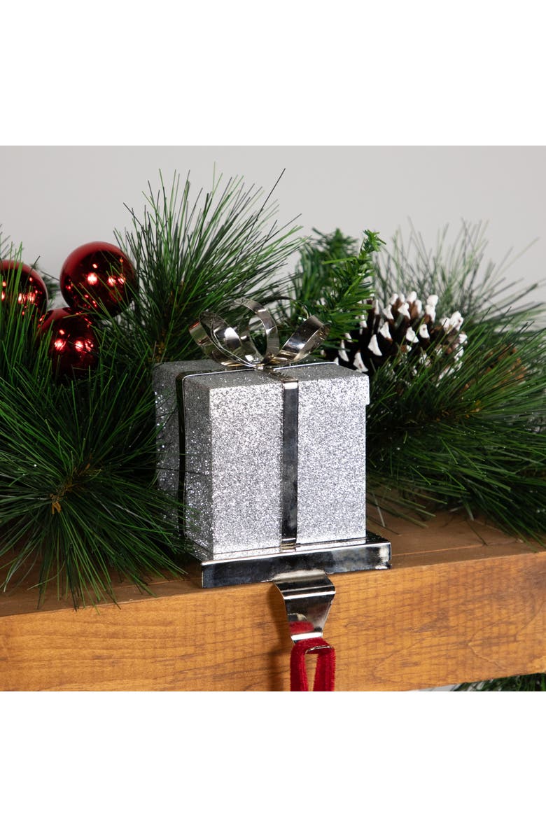 Northlight 5.5" Silver Glitter Gift Box with Bow Christmas Metal Stocking Holder, Alternate, color, 