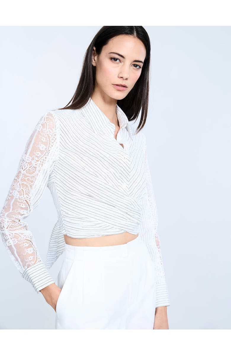 BCBGMAXAZRIA Lace Stripe Tie Back Top, Alternate, color, Chalk