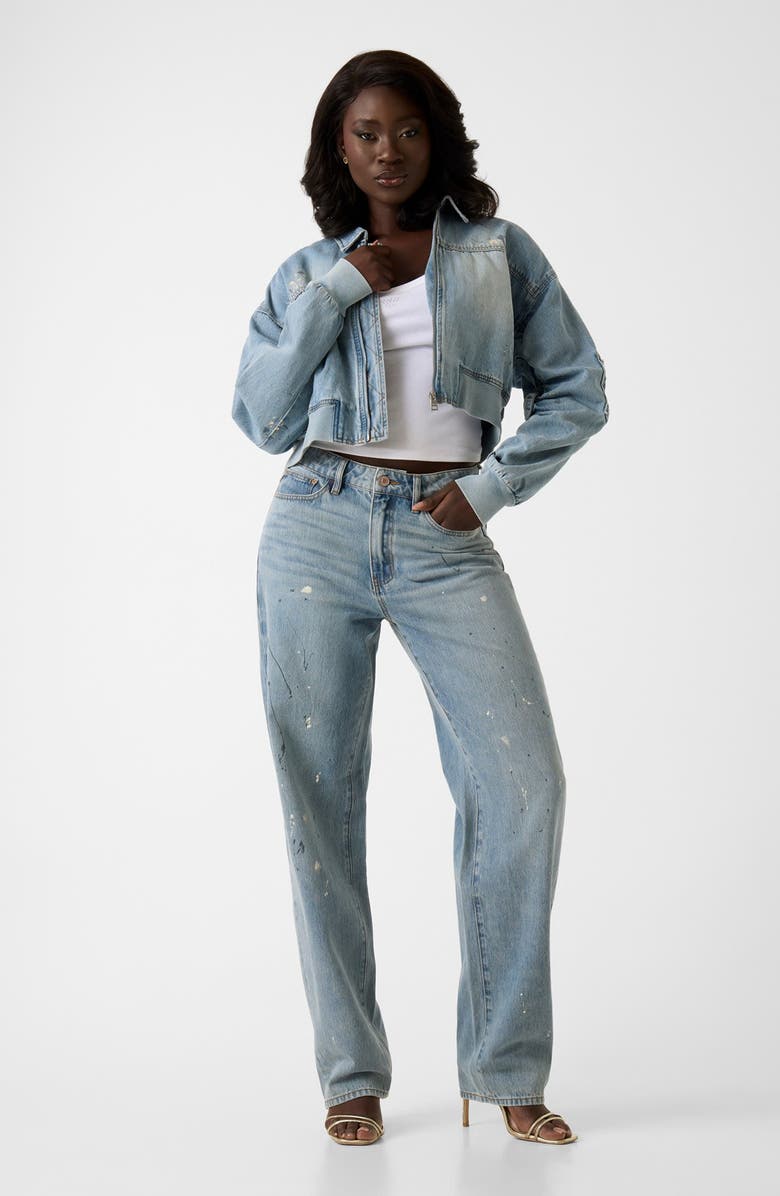 GUESS Anna Distressed Crop Denim Bomber Jacket, Alternate, color, Denim