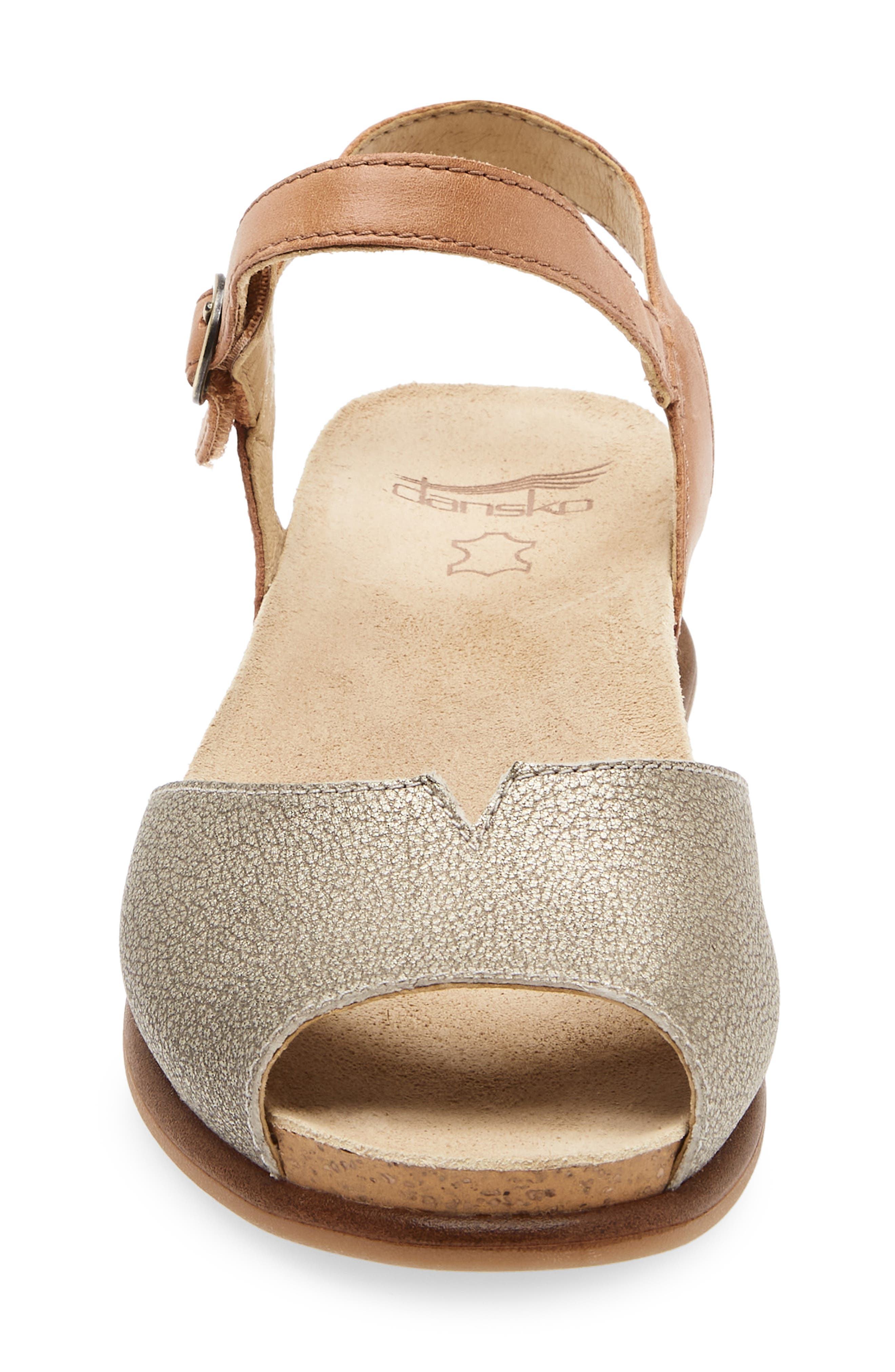 Dansko Cass Ankle Strap Peep Toe Wedge Sandal, Alternate, color, Platino/Tan Leather