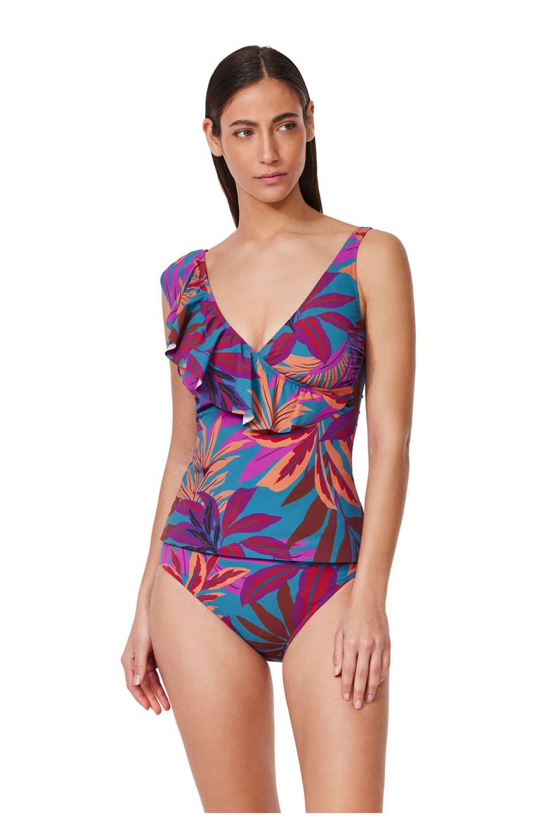 Plantopia Ruffle V Neck Surplice Tankini, Alternate, color, Multi-Teal