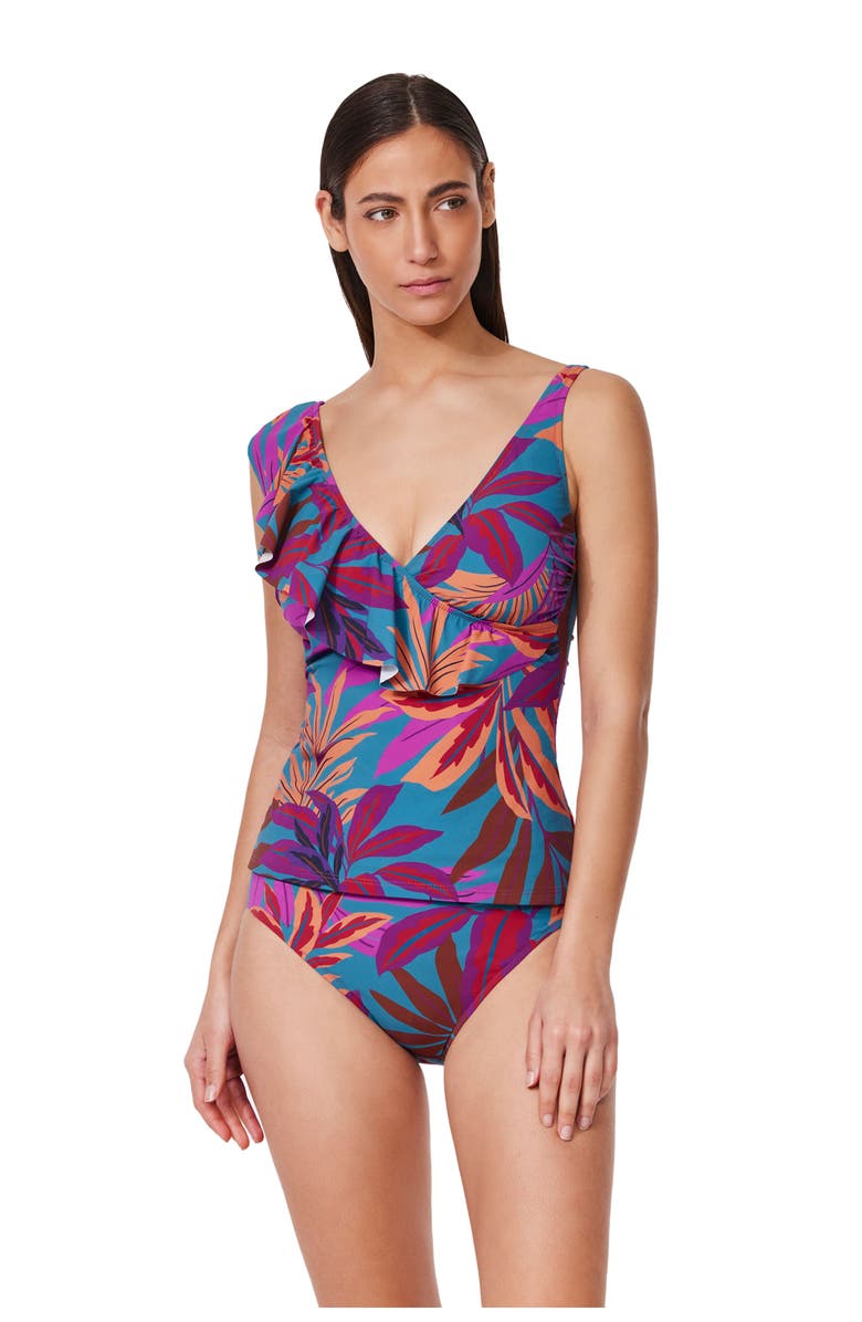 Gottex Plantopia Ruffle V Neck Surplice Tankini, Alternate, color, Multi-Teal