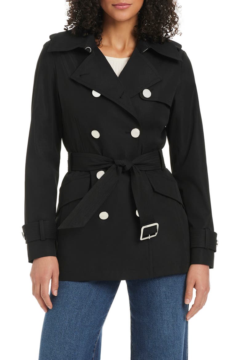 belted double breasted trench coat, Main, color, BLACK
