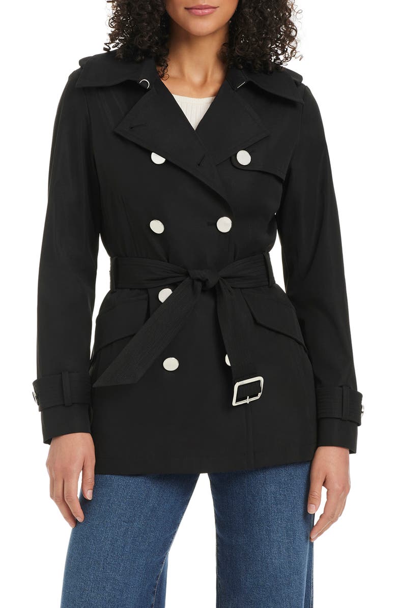 Kate Spade New York belted double breasted trench coat, Main, color, Black